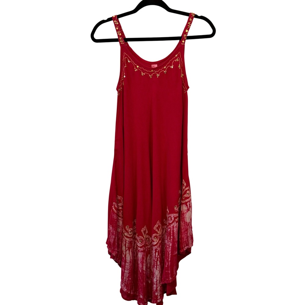 Boho Hippie Festival Flowy Red Tie-Dye Gold Embroidered Sequins Midi Dress
